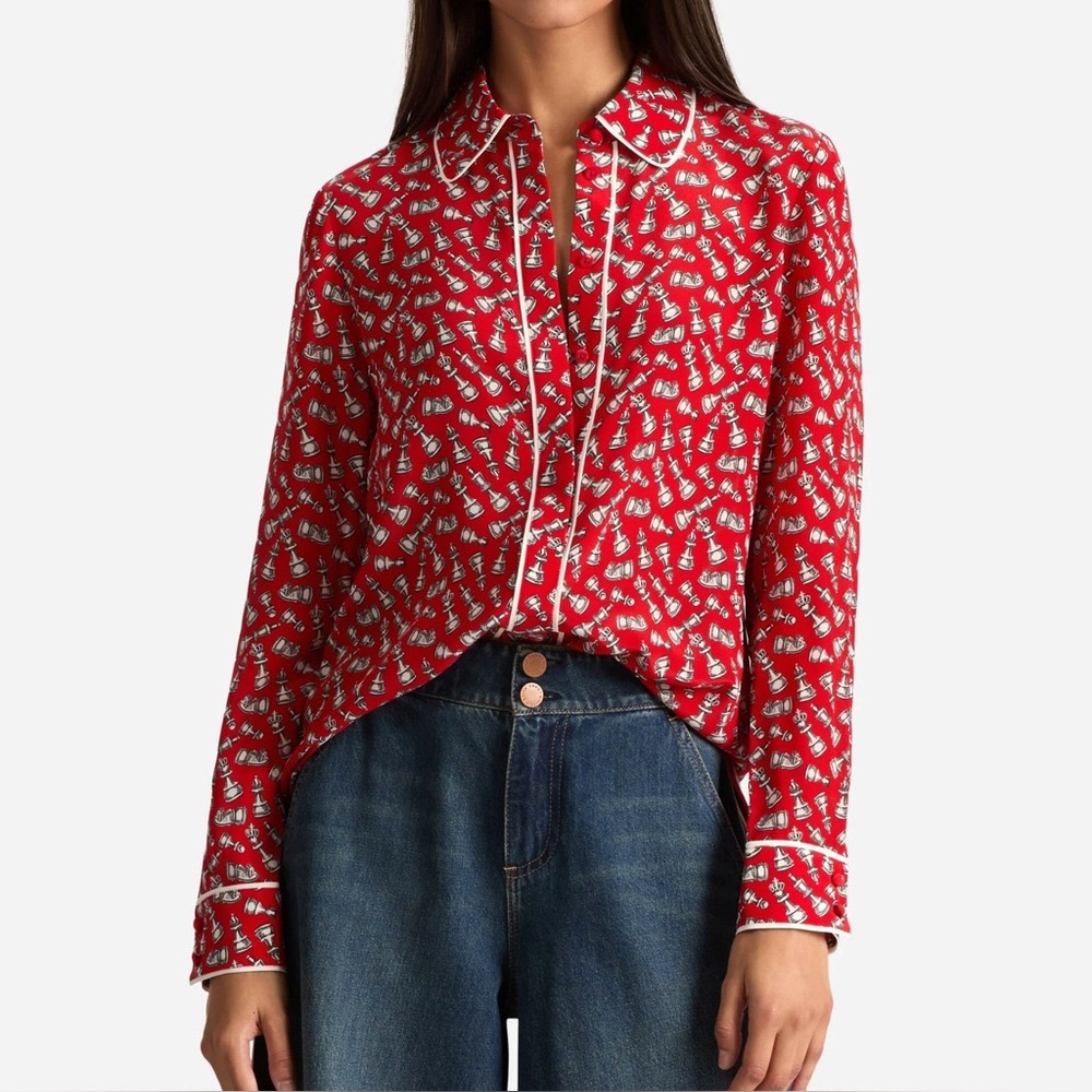 Alice + Olivia Willa Chess Piece Print Silk Shirt Blouse Red Queening Piping M